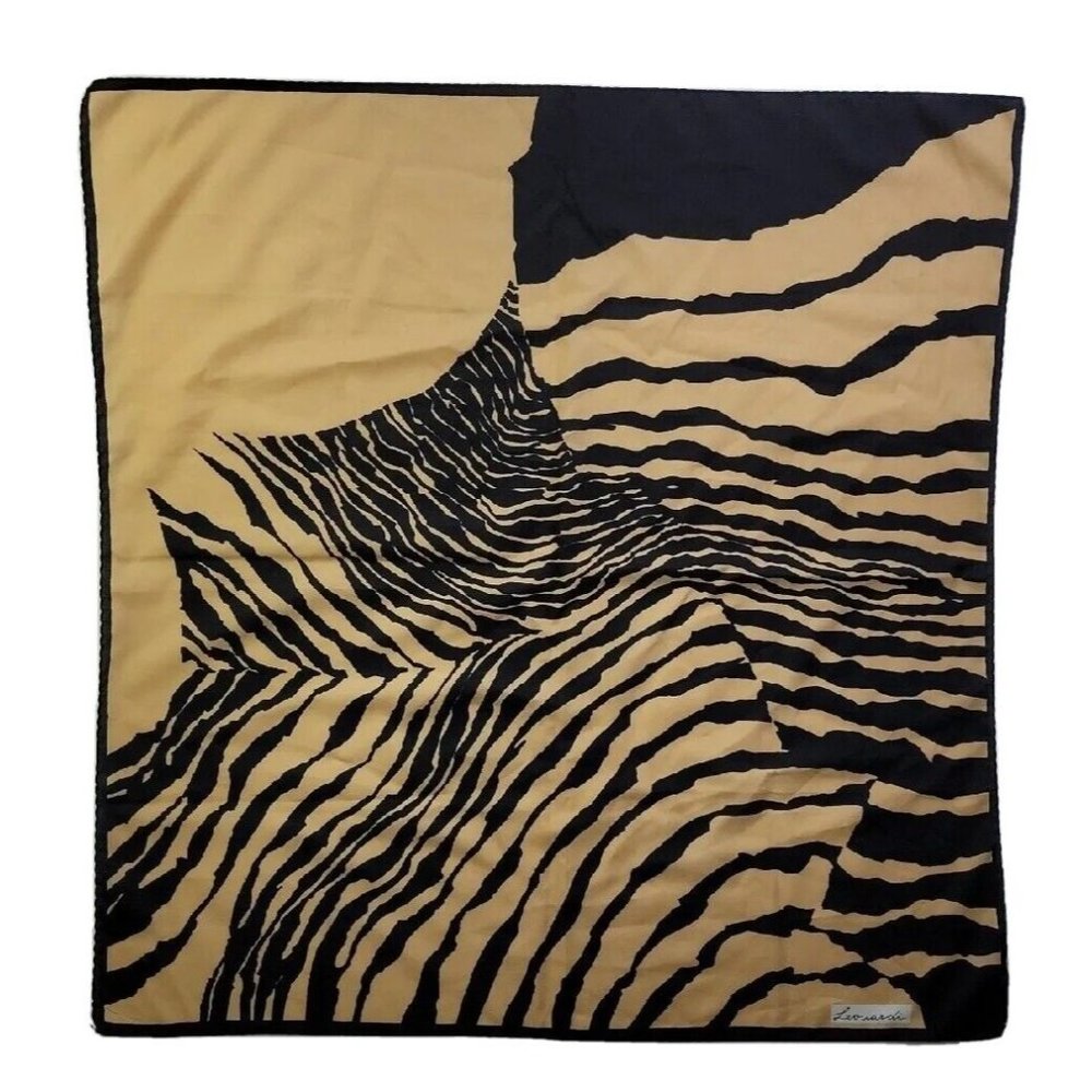 Leonardi Women's Square Neck Scarf Beige Black Zebra Stripe Print Made in Italy